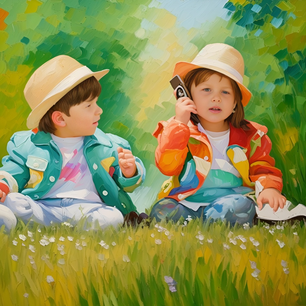 Oil painting of two children playing on grass, created from a reference photo by generative AI similar as MidJourney and ChatGPT