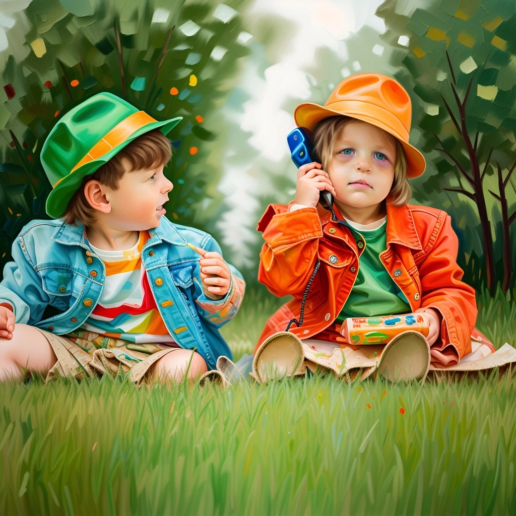 Oil painting of two children playing on grass, created from a reference photo by generative AI similar as MidJourney and ChatGPT