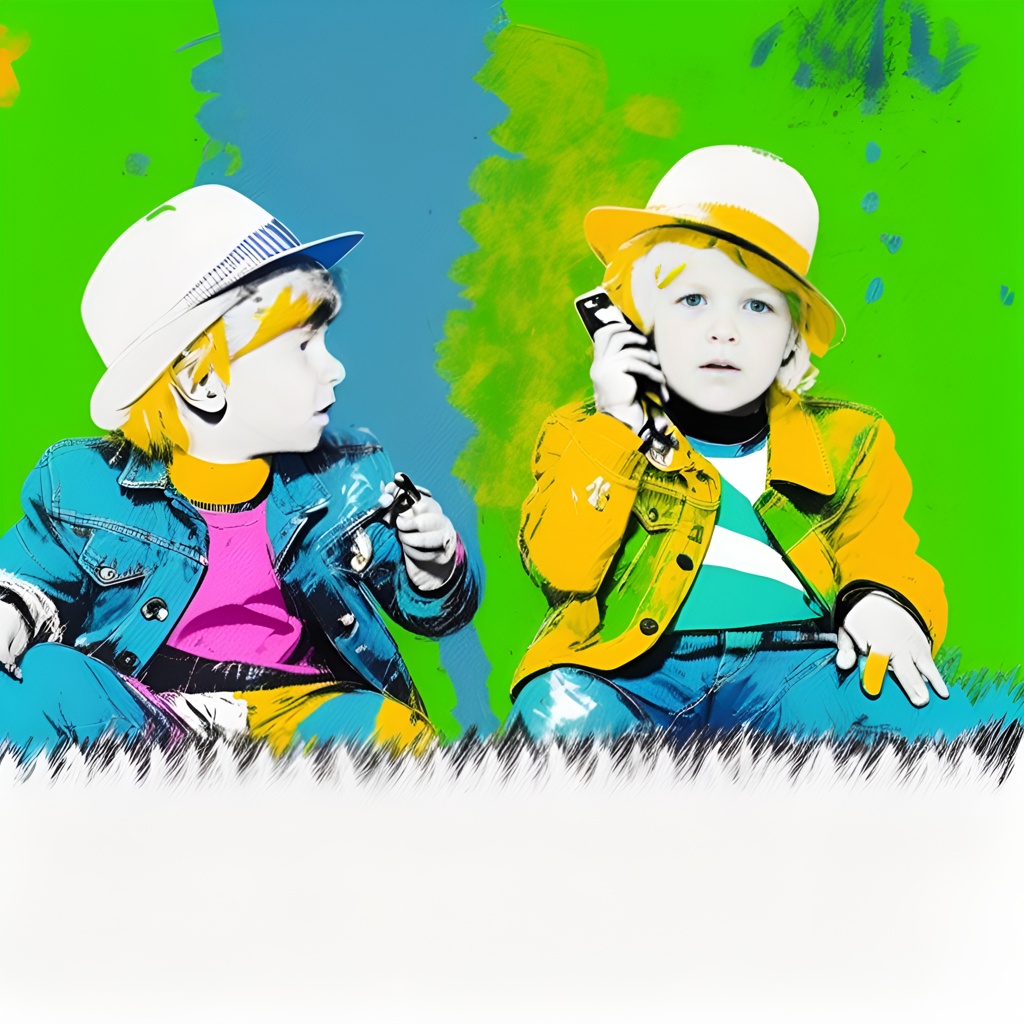 Pop art picture of two children playing on grass, created from a reference photo by generative AI similar as MidJourney and ChatGPT