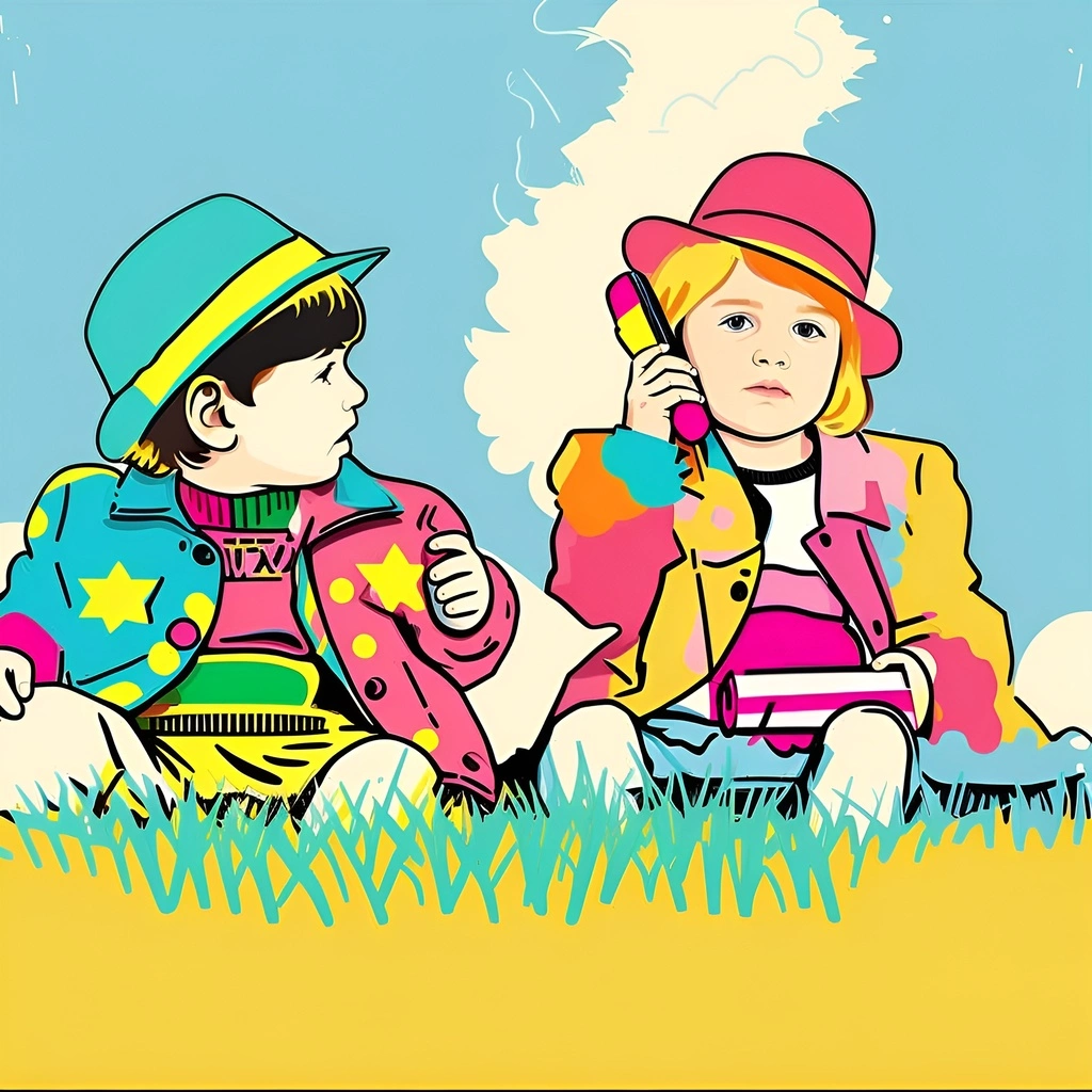 Pop art of two children playing on grass, created from a reference photo by generative AI similar as MidJourney and ChatGPT