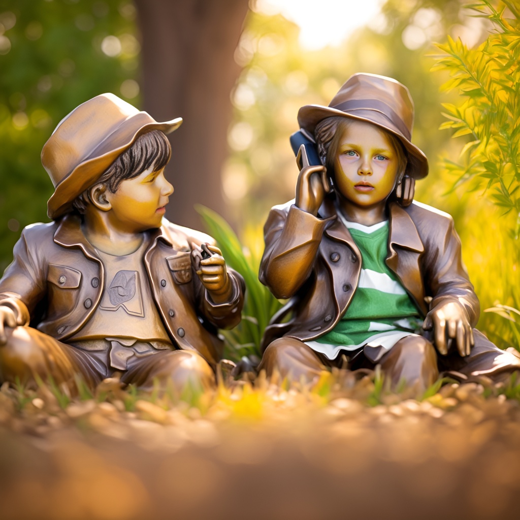 Sculpture of two children playing, created from a reference photo by generative AI similar as MidJourney and ChatGPT