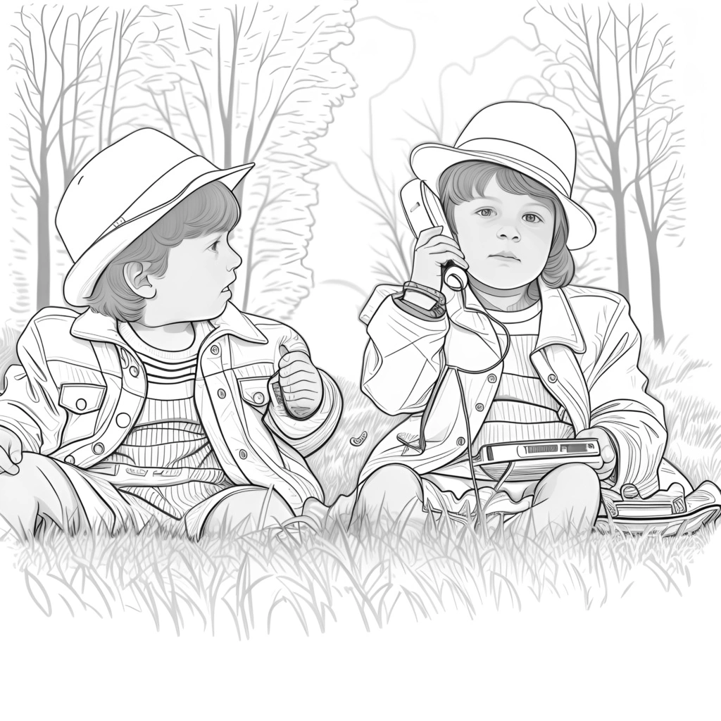 Dessin de croquis de ligne de deux enfants jouant sur l'herbe, créé à partir d'une photo de référence par Generative Ai similaire à MidJourney et Chatgpt