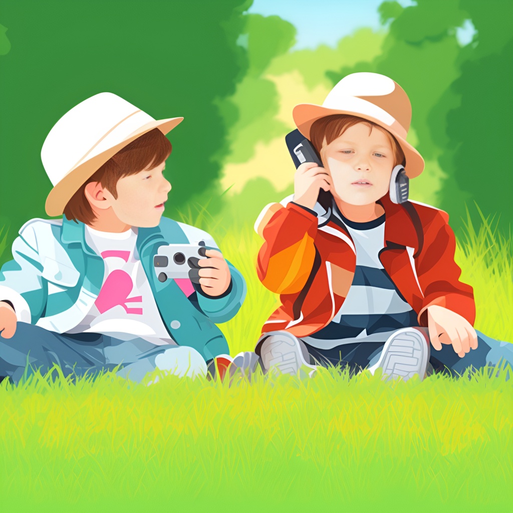 Vector art of two children playing, created from a reference photo by generative AI similar as MidJourney and ChatGPT