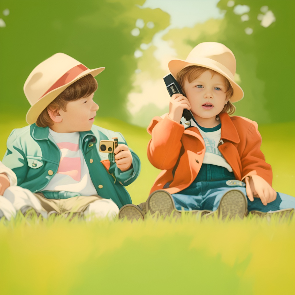 Vintage painting of two children playing on grass, created from a reference photo by generative AI similar as MidJourney and ChatGPT
