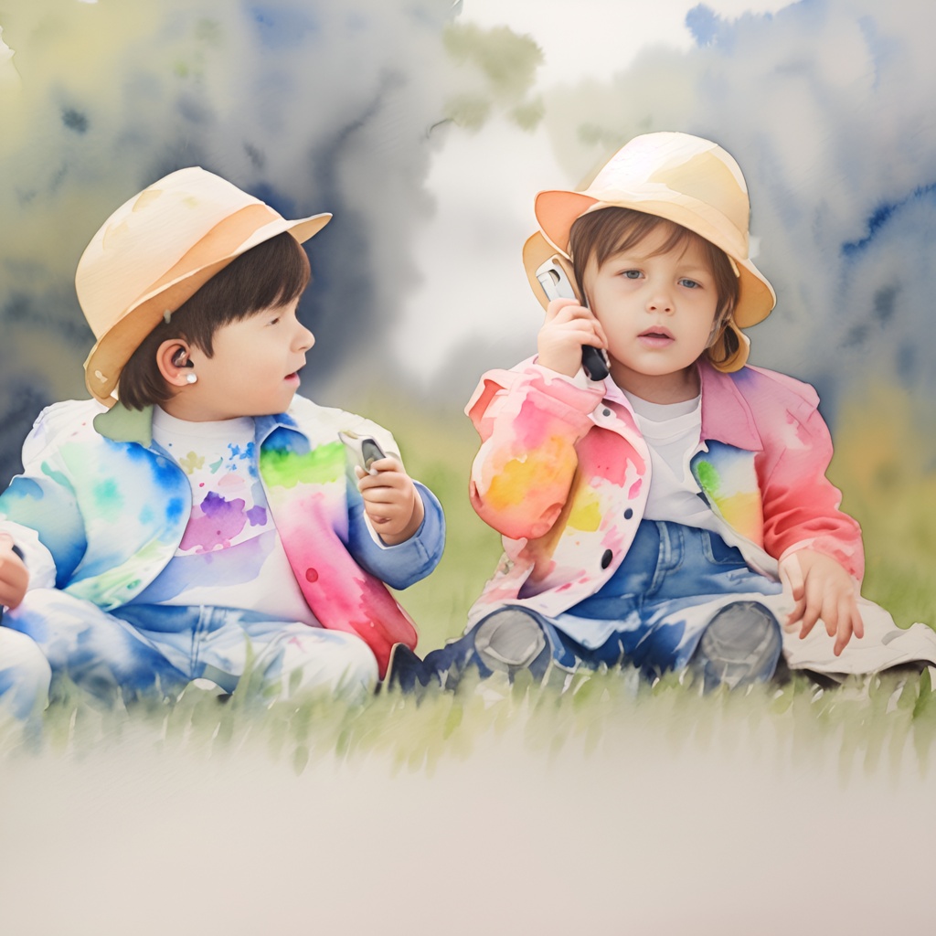 Watercolor painting of two children playing on grass, created from a reference photo by generative AI similar as MidJourney and ChatGPT