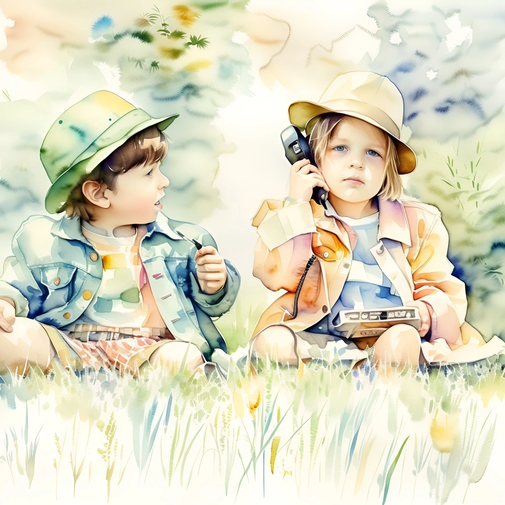 Aquarelle peinture de deux enfants jouant sur l'herbe, créé à partir d'une photo de référence par Generative Ai similaire à celle de MidJourney et Chatgpt