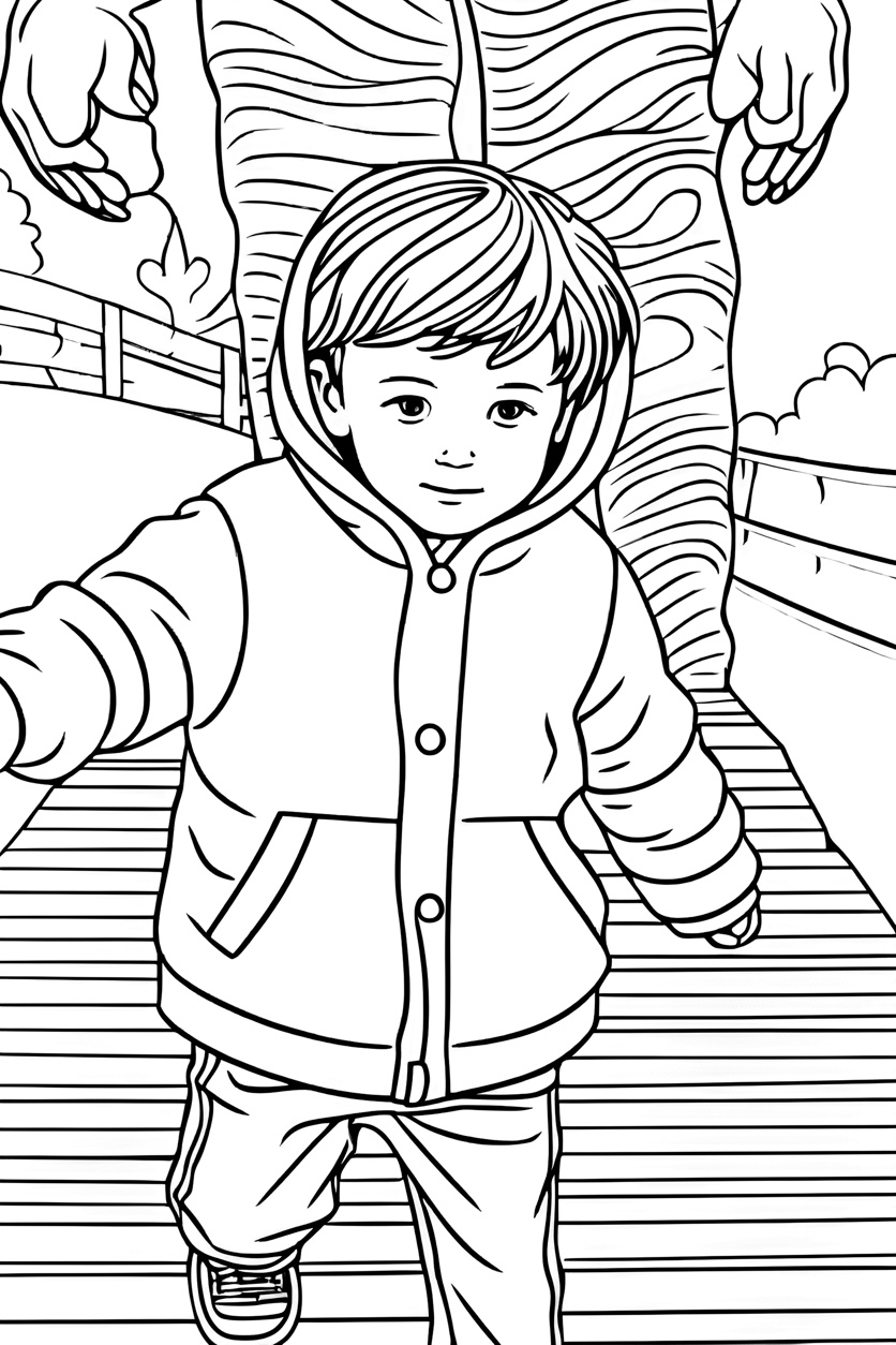 Coloring page of a toddler walking, created from a reference photo by generative AI similar as MidJourney and ChatGPT