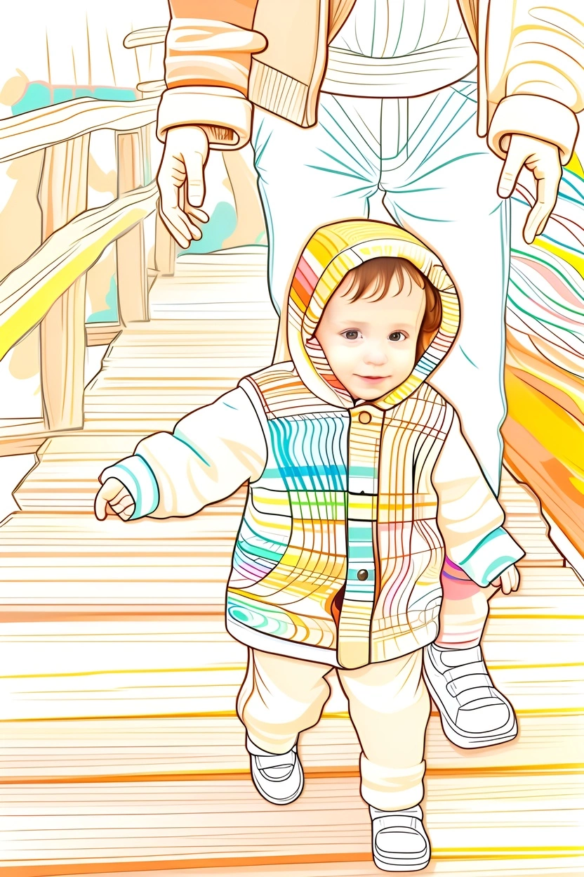 Line art drawing of a toddler walking, created from a reference photo by generative AI similar as MidJourney and ChatGPT