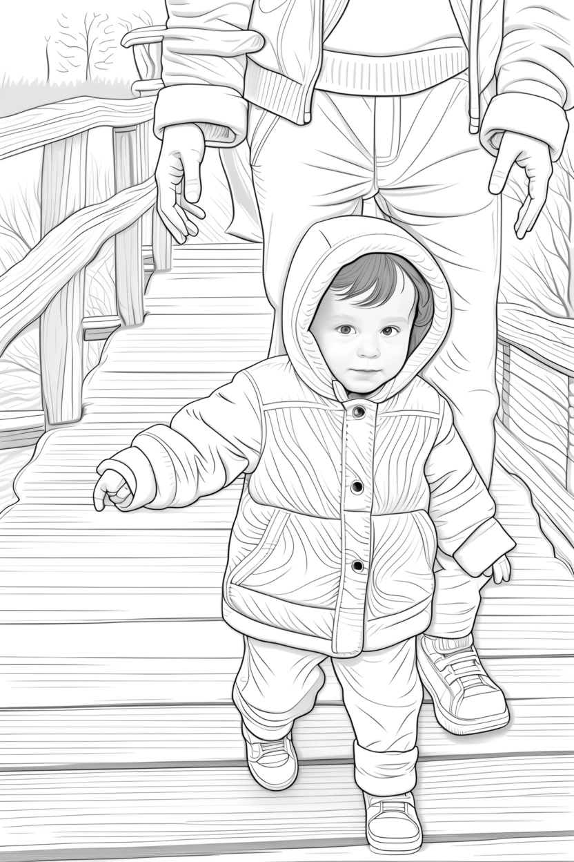 Line sketch drawing of a toddler walking, created from a reference photo by generative AI similar as MidJourney and ChatGPT