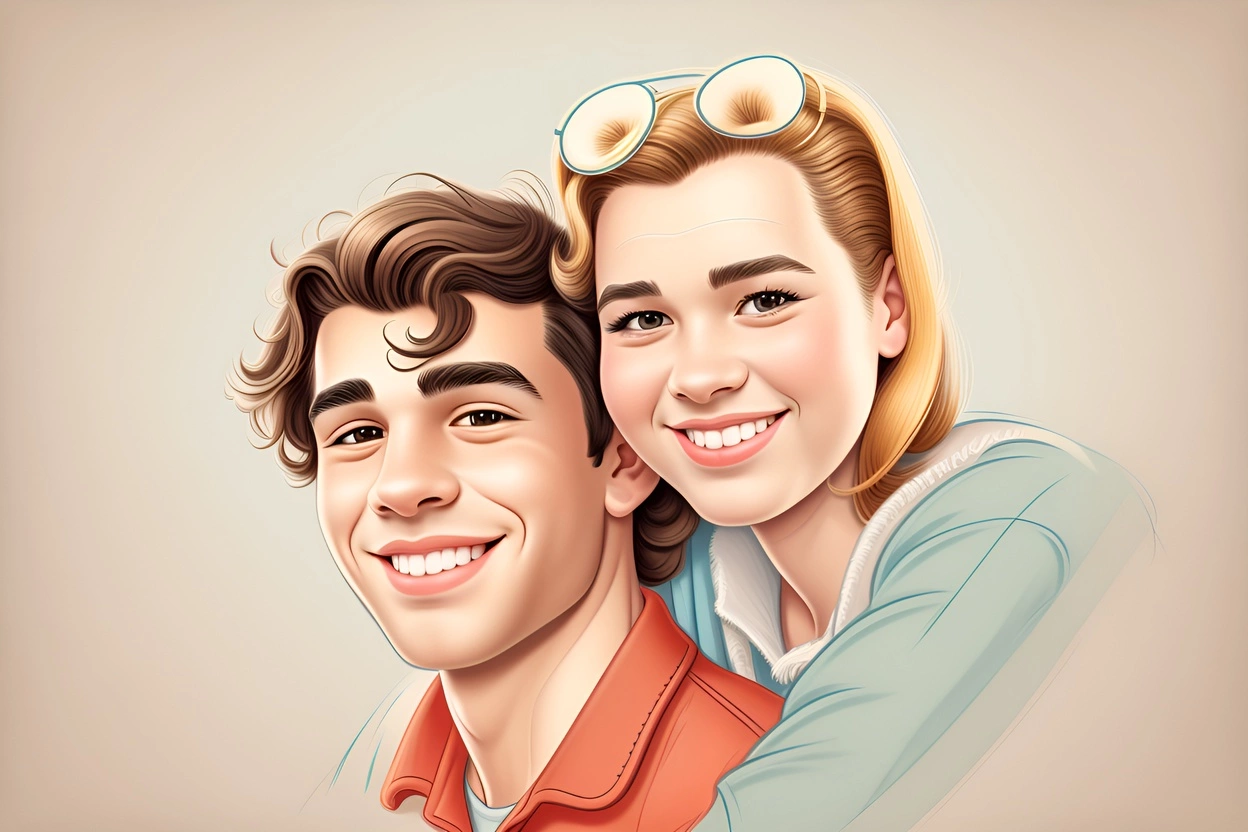 Cartoon drawing of a couple, created from a reference photo by PortraitArt app