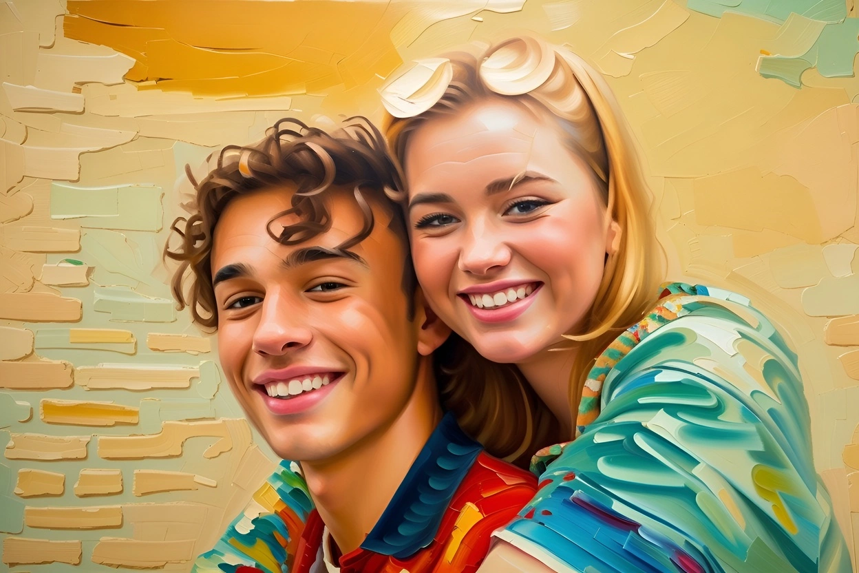 Peinture à l'huile d'un couple, créée à partir d'une photo de référence de l'application PortraitArt