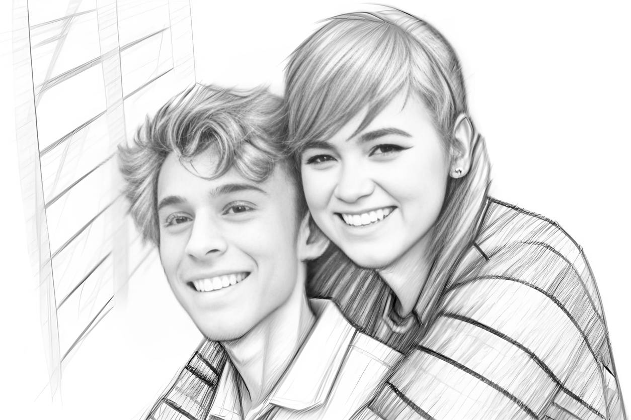 Pencil sketch drawing of a couple, created from a reference photo by PortraitArt app