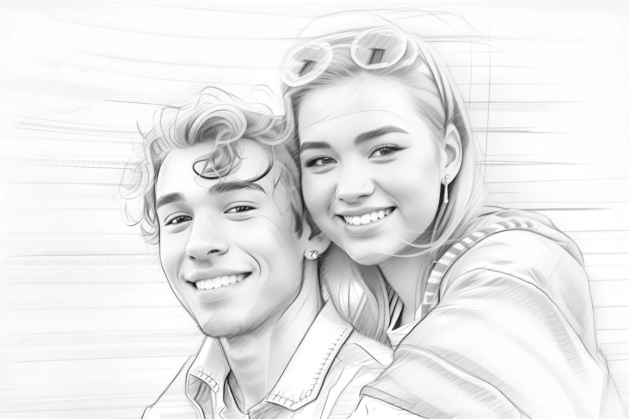 Pencil sketch drawing of a couple, created from a reference photo by PortraitArt app