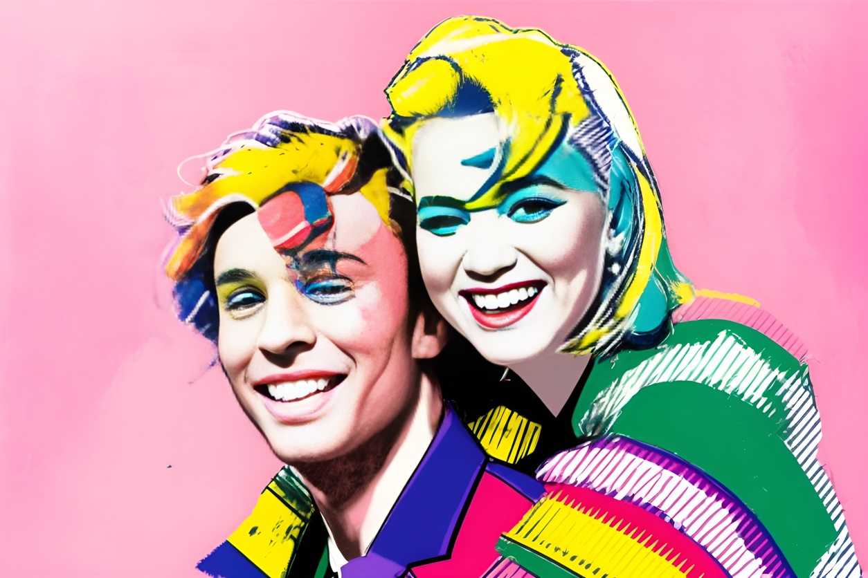 pop art picture of a young couple, created from a reference photo by generative AI similar as MidJourney and ChatGPT