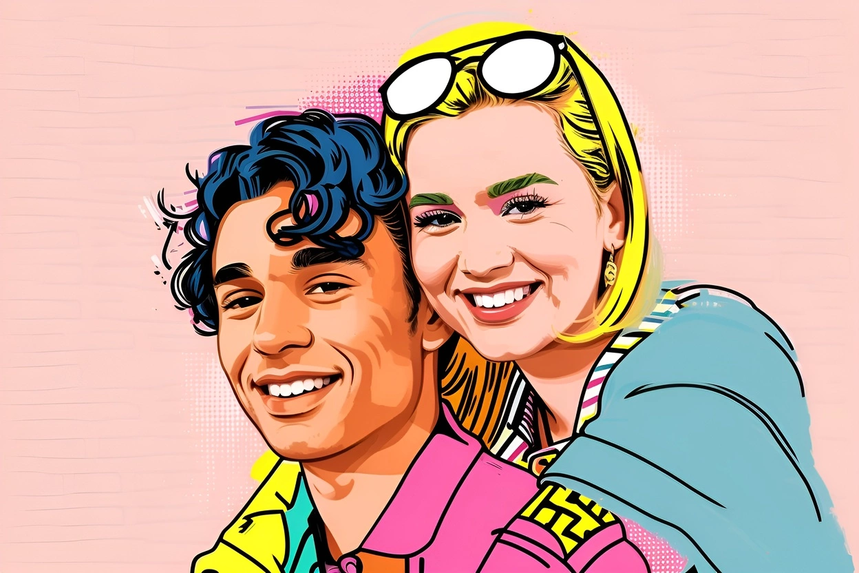 Pop art picture of a young couple, created from a reference photo by generative AI similar as MidJourney and ChatGPT