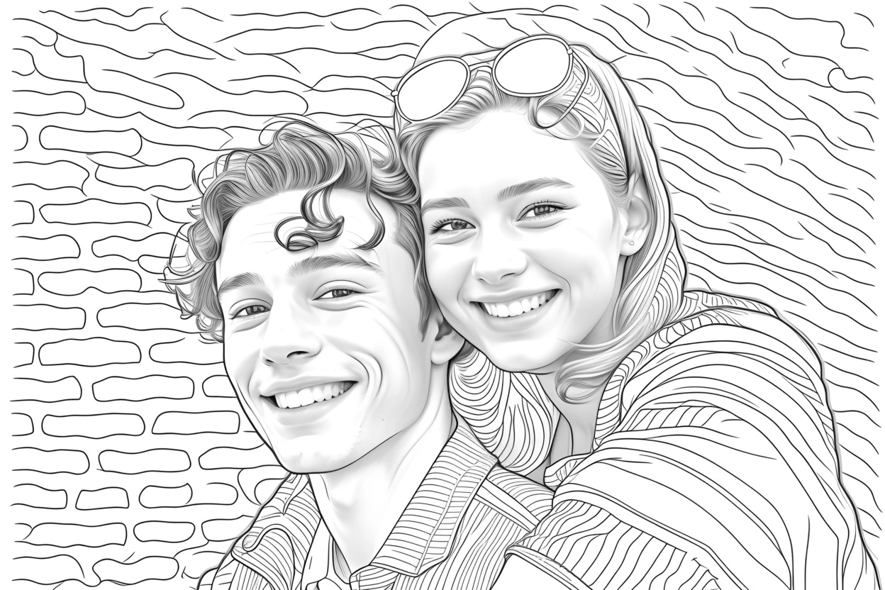 Dessin de croquis de ligne d'un couple, créé à partir d'une photo de référence de l'application PortraitArt