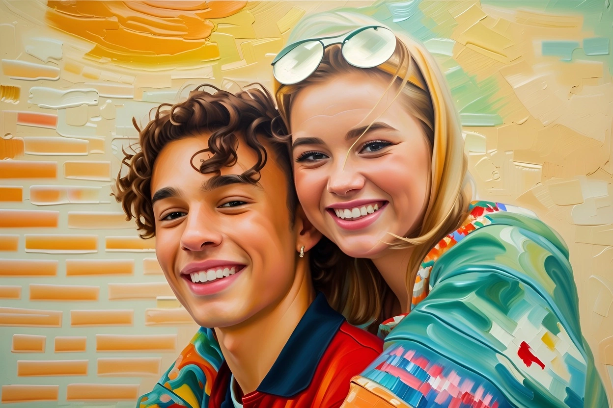 add vibrant touches to a photo of young couple, created by generative AI similar as MidJourney and ChatGPT