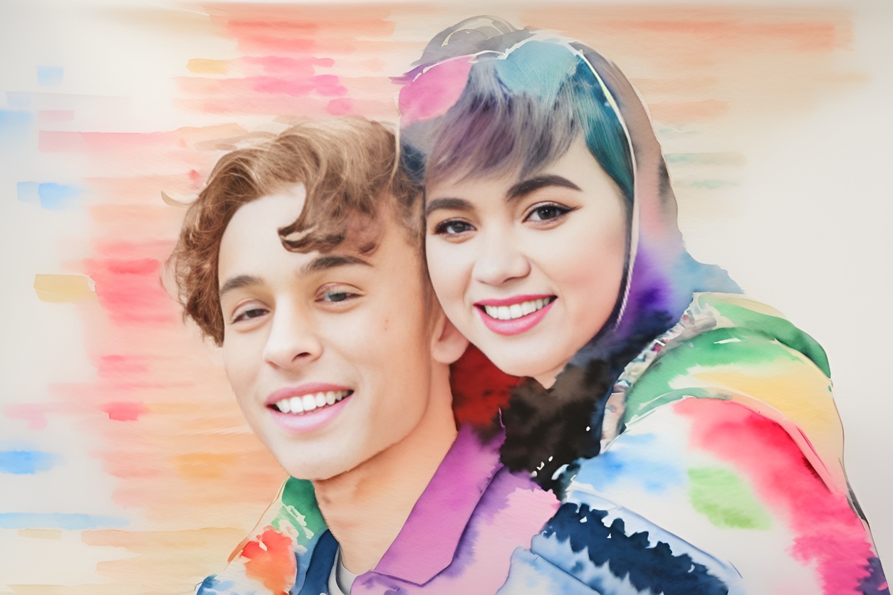 A watercolor painting of a couple from a reference photo, by generative AI similar as midjourney and ChatGPT