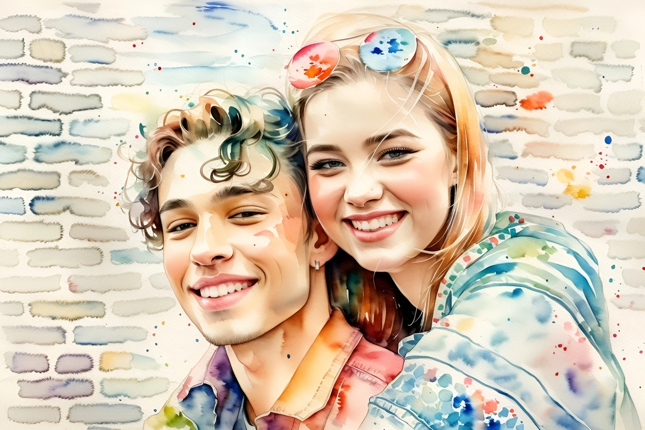 Watercolor painting of a couple, created from a reference photo by PortraitArt app