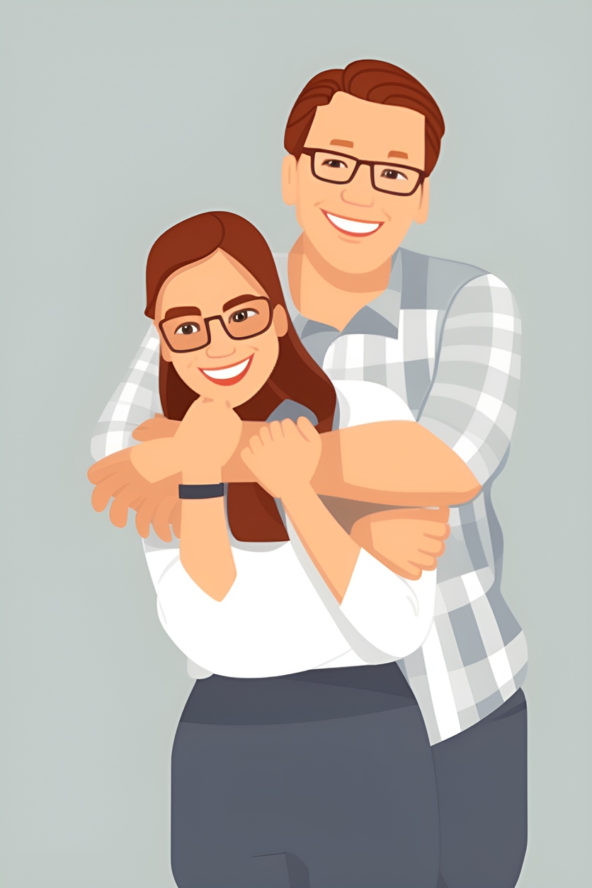 Cartoon drawing of a couple, created from a reference photo by generative AI similar as MidJourney and ChatGPT