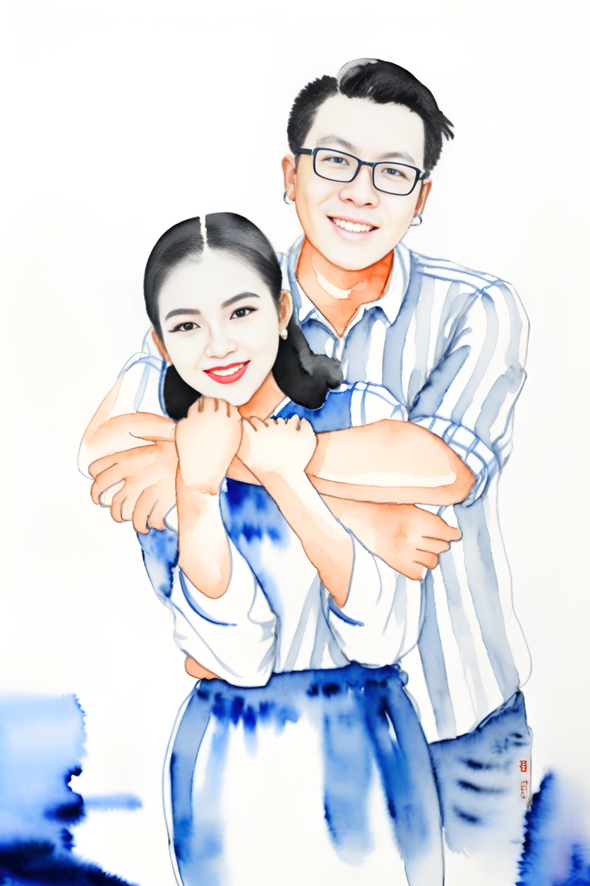 a Chinese painting of a young couple, created from a reference photo by generative AI similar as MidJourney and ChatGPT