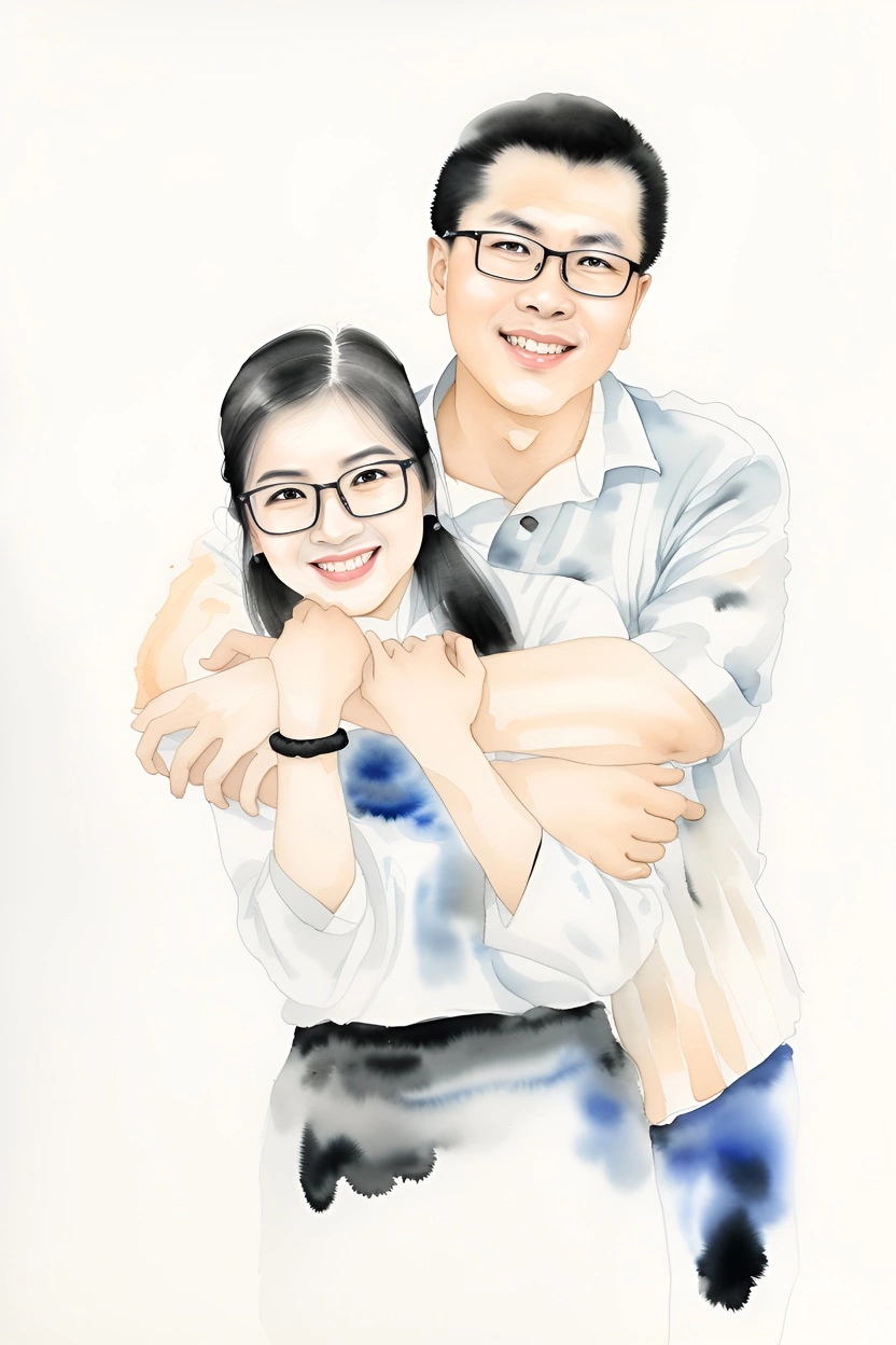 a Chinese painting of a young couple, created from a reference photo by generative AI similar as MidJourney and ChatGPT