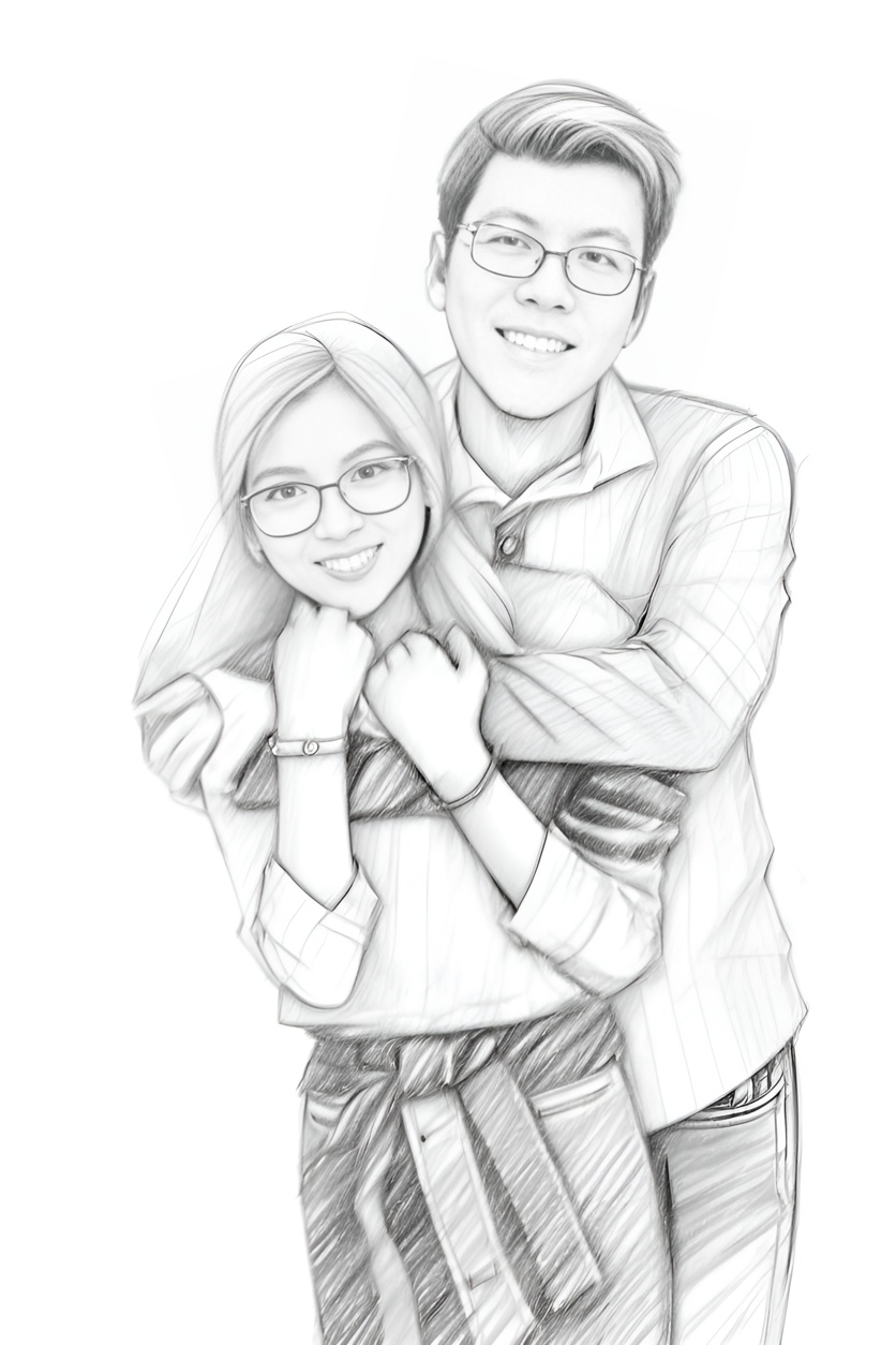 Pencil sketch drawing of a couple, created from a reference photo by generative AI similar as MidJourney and ChatGPT