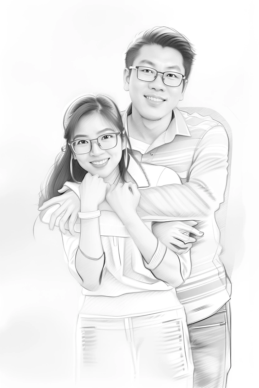 Pencil sketch drawing of a couple, created from a reference photo by generative AI similar as MidJourney and ChatGPT