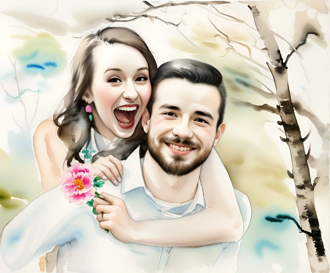 a Chinese painting of a group of a couple from a reference photo, created by our AI art generator