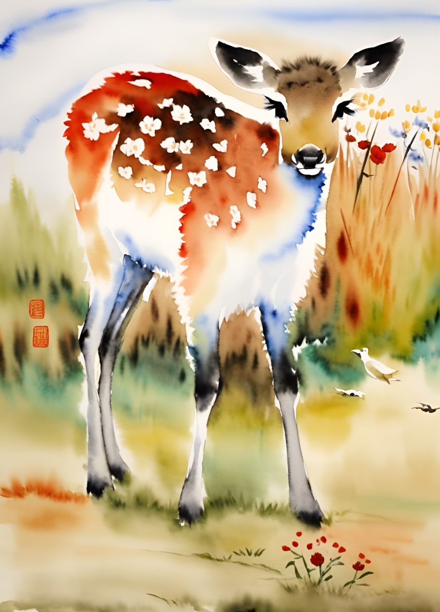 Chinese traditional painting of a deer, created from a reference photo by generative AI similar as MidJourney and ChatGPT