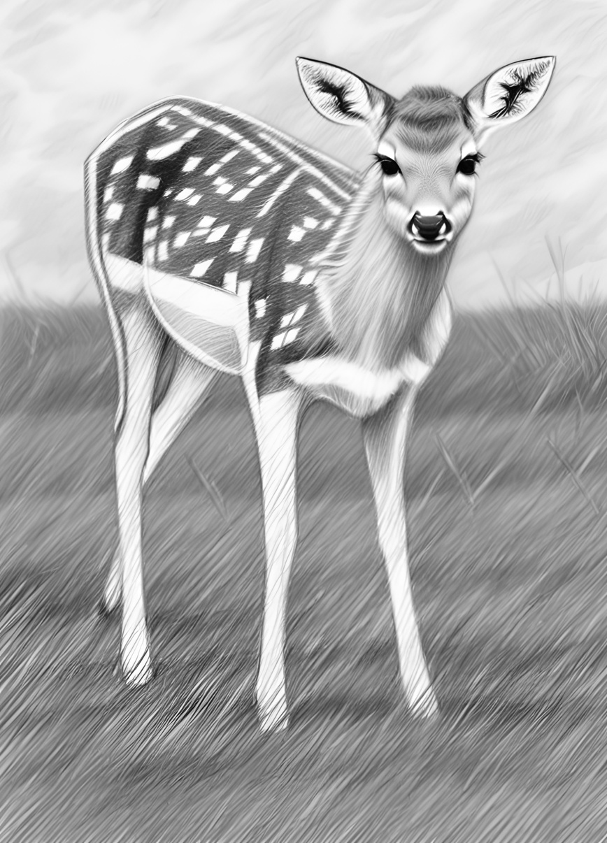 Pencil sketch drawing of a deer, created from a reference photo by generative AI similar as MidJourney and ChatGPT