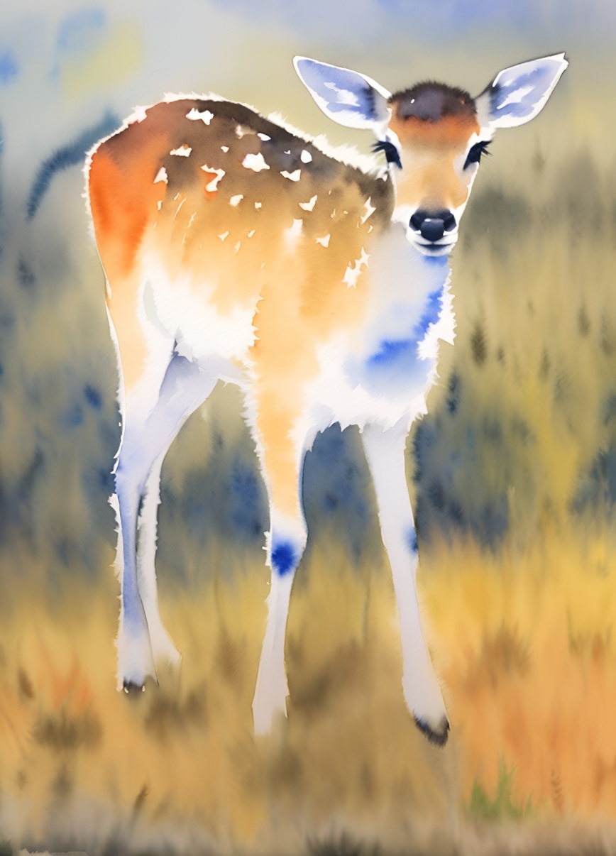 Watercolor painting of a deer, created from a reference photo by generative AI similar as MidJourney and ChatGPT