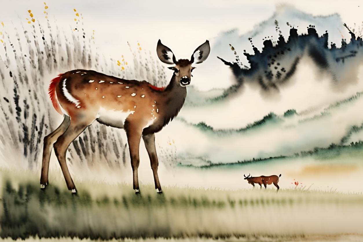 Chinese ink painting of a deer, created from a reference photo by generative AI similar as MidJourney and ChatGPT