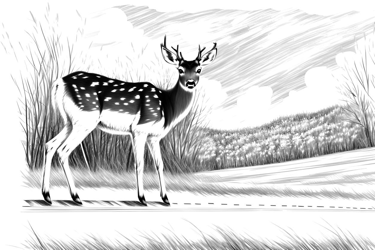 Line sketch drawing of a deer, created from a reference photo by generative AI similar as MidJourney and ChatGPT
