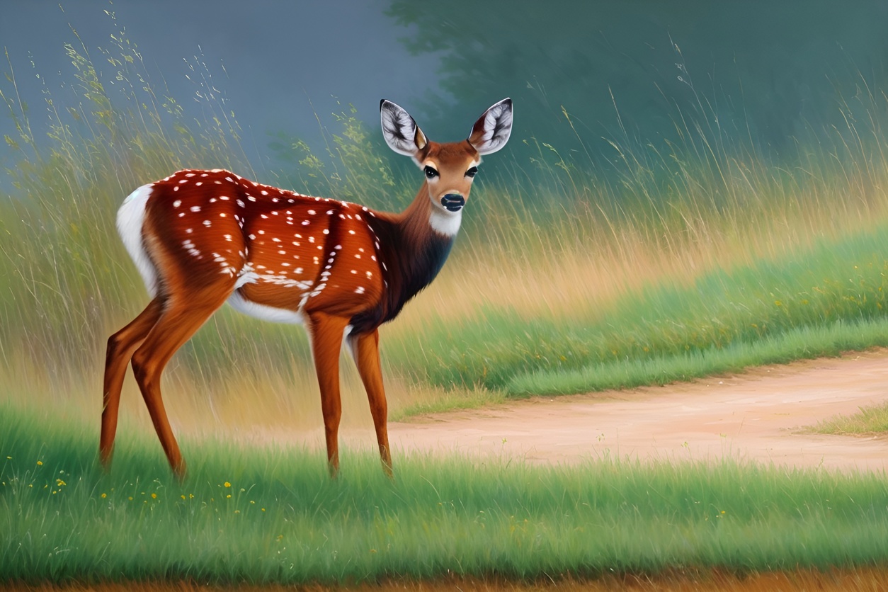 Oil painting of a deer, created from a reference photo by generative AI similar as MidJourney and ChatGPT