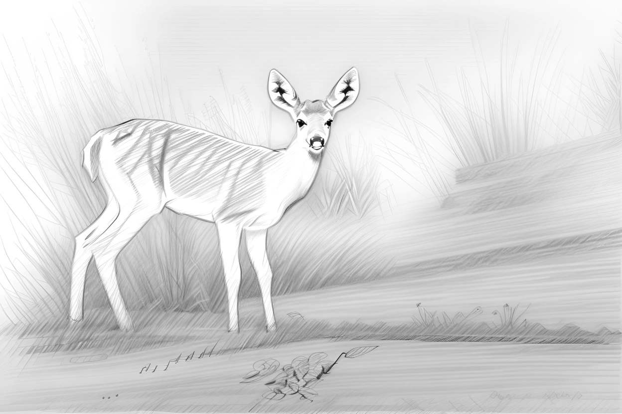 Pencil sketch drawing of a deer, created from a reference photo by generative AI similar as MidJourney and ChatGPT