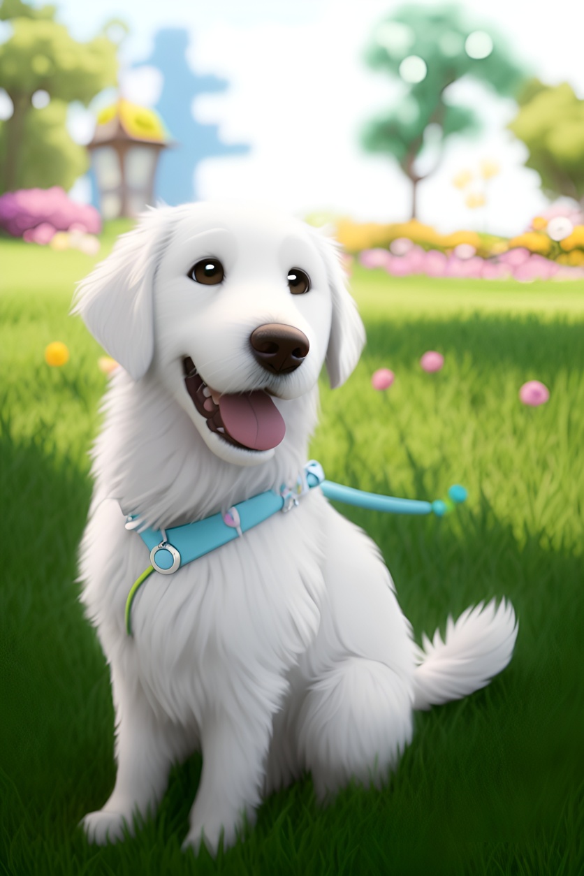3D Cartoon of a white dog, created from a reference photo by generative AI similar as MidJourney and ChatGPT