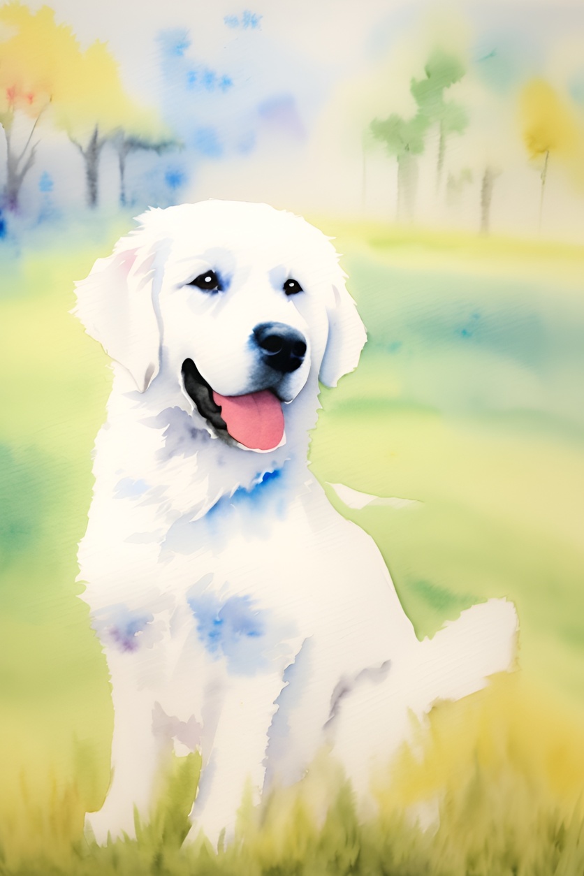 Watercolor painting of a dog, created from a reference photo by generative AI similar as MidJourney and ChatGPT