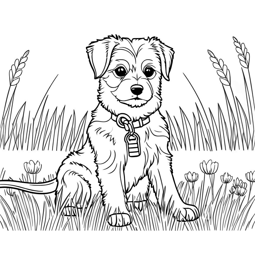 Coloring page of a dog, created from a reference photo by generative AI similar as MidJourney and ChatGPT