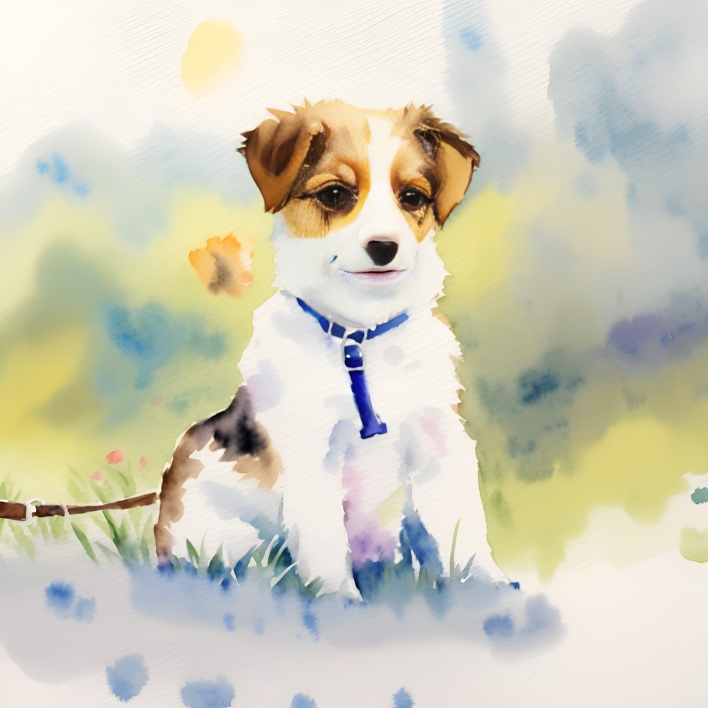 Watercolor of a dog, created from a reference photo by generative AI similar as MidJourney and ChatGPT