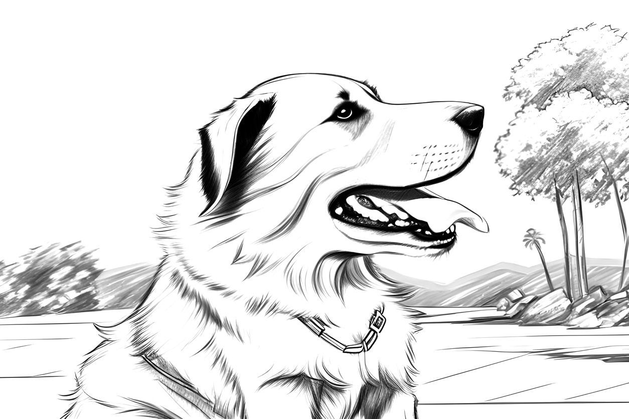 Line sketch of a dog, created from a reference photo by generative AI similar as MidJourney and ChatGPT