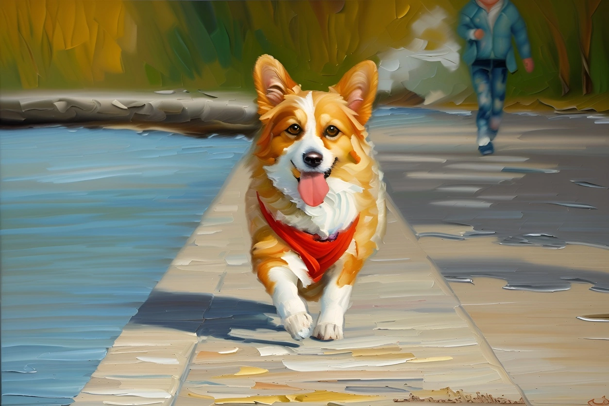 Oil painting of a dog, created from a reference photo by generative AI similar as MidJourney and ChatGPT