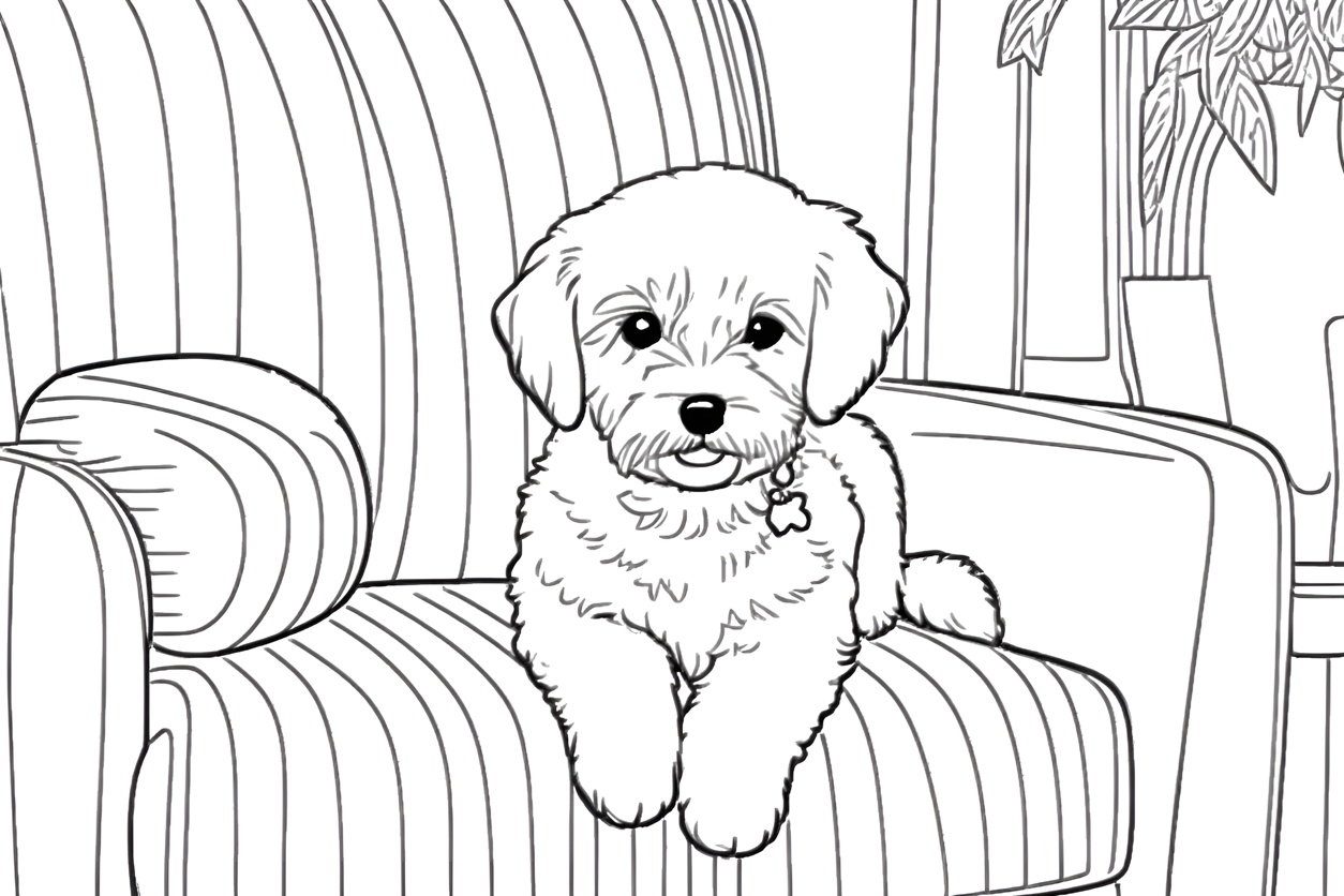 Coloring page of a dog sittong on sofa, created from a reference photo by generative AI similar as MidJourney and ChatGPT