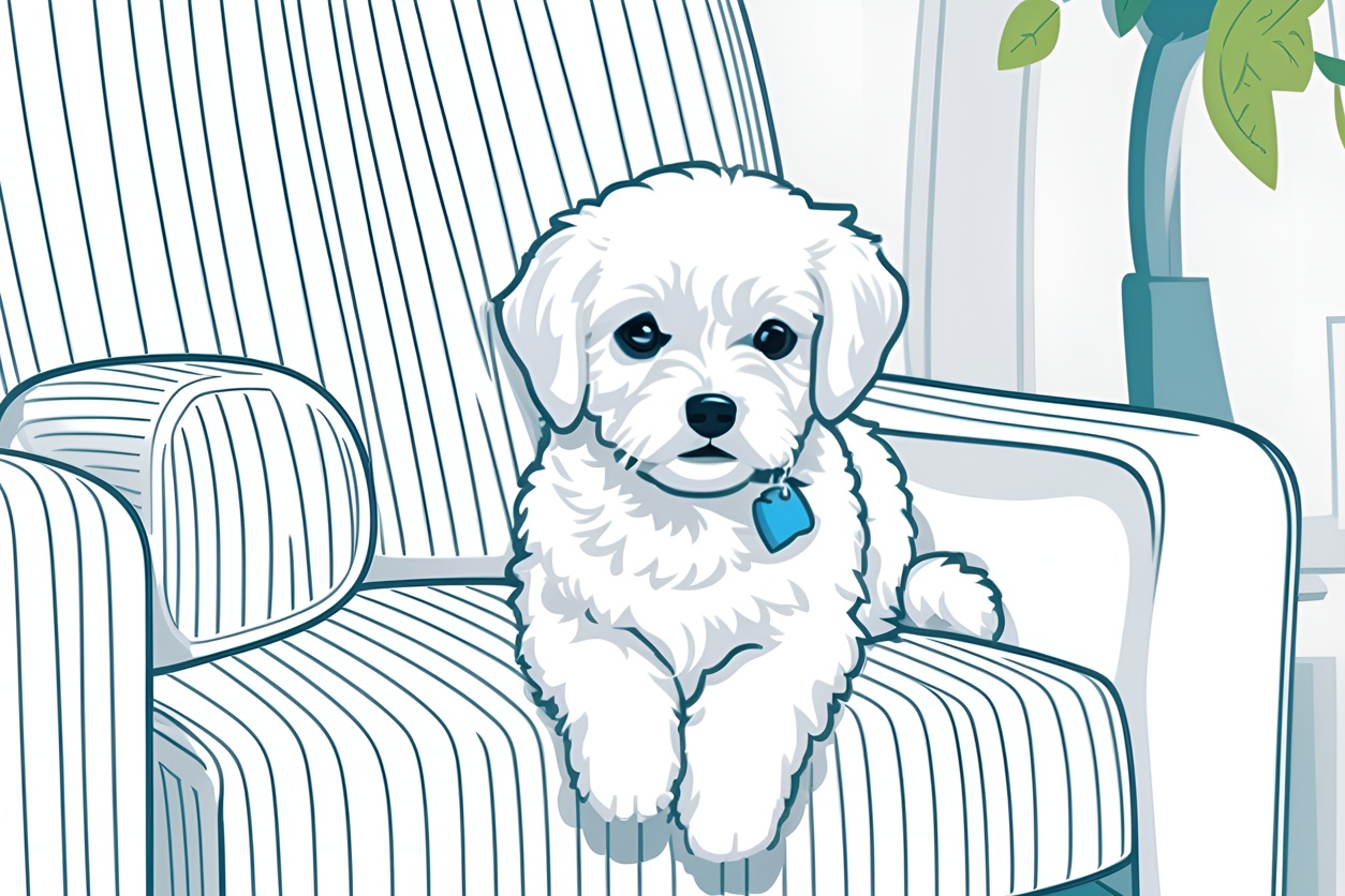 Line art of a dog sitting on a sofa, created from a reference photo by generative AI similar as MidJourney and ChatGPT