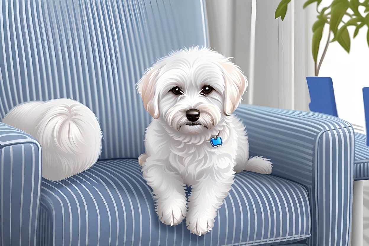 Vector art of a dog sittiing on sofa, created from a reference photo by generative AI similar as MidJourney and ChatGPT