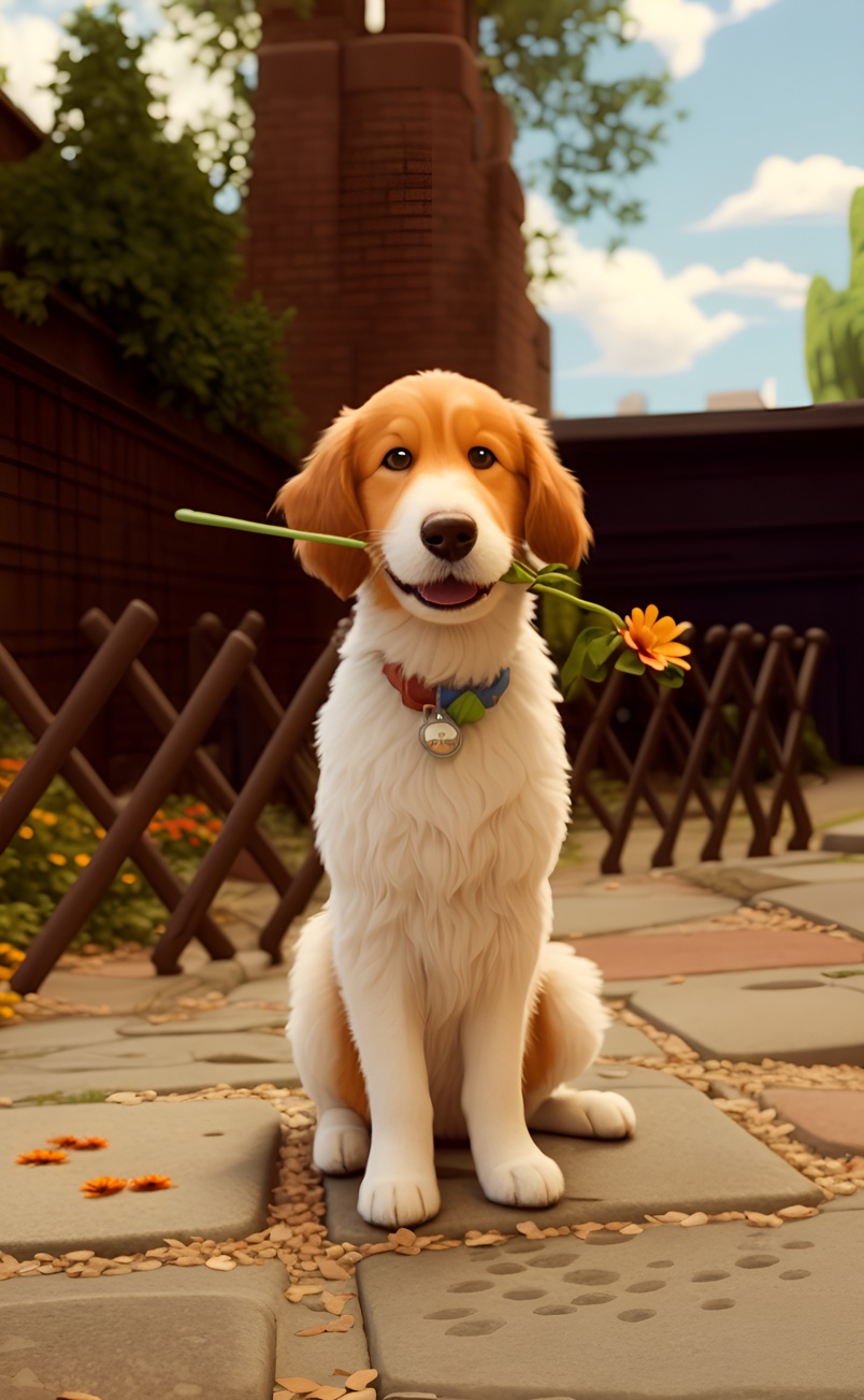 3D Cartoon of a dog holding a bouquet of flower in its mouth, created from a reference photo by generative AI similar as MidJourney and ChatGPT