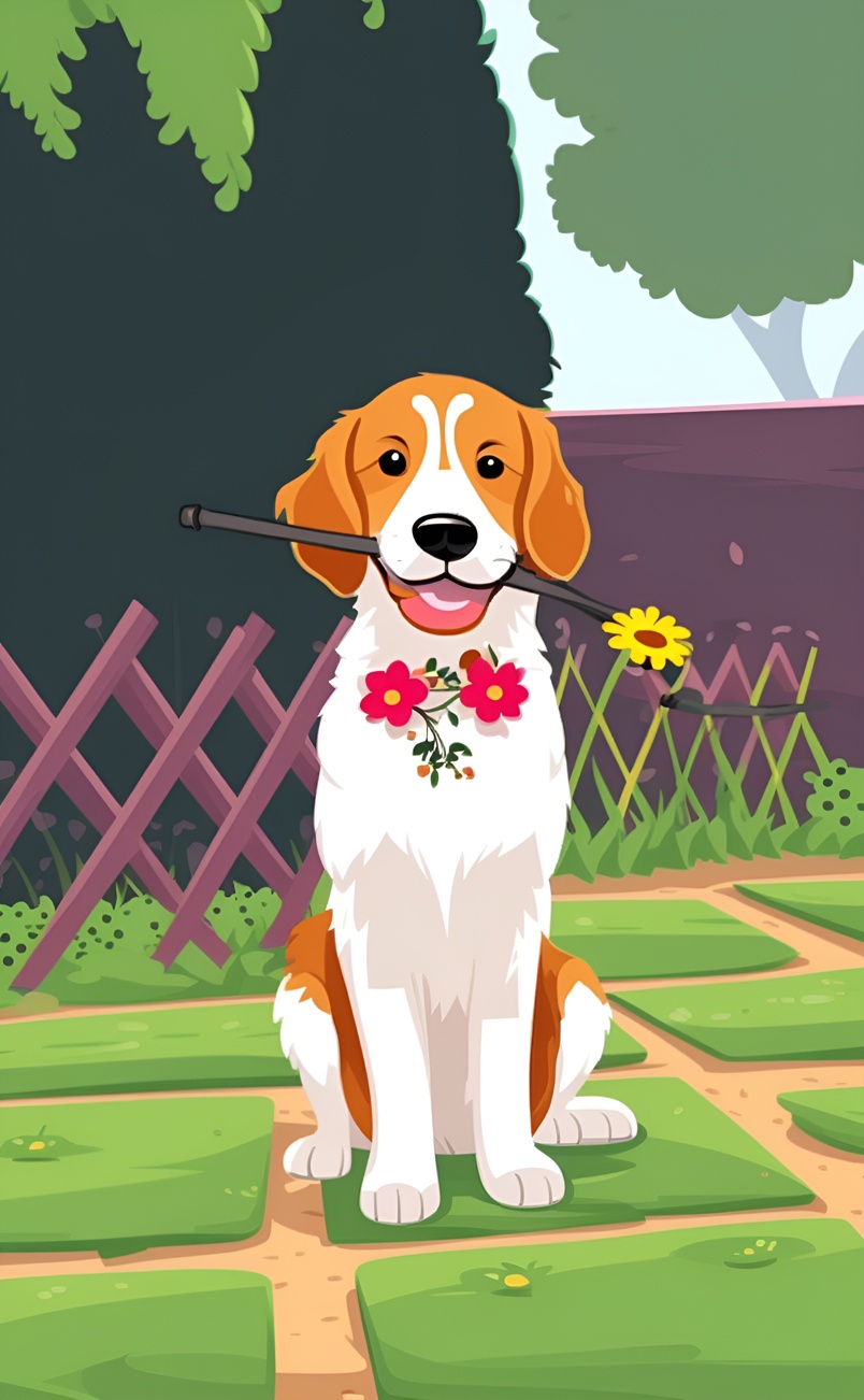 Cartoon drawing of a dog holding a bouquet of flower in its mouth, created from a reference photo by generativ AI similar as MidJourney and ChatGPT