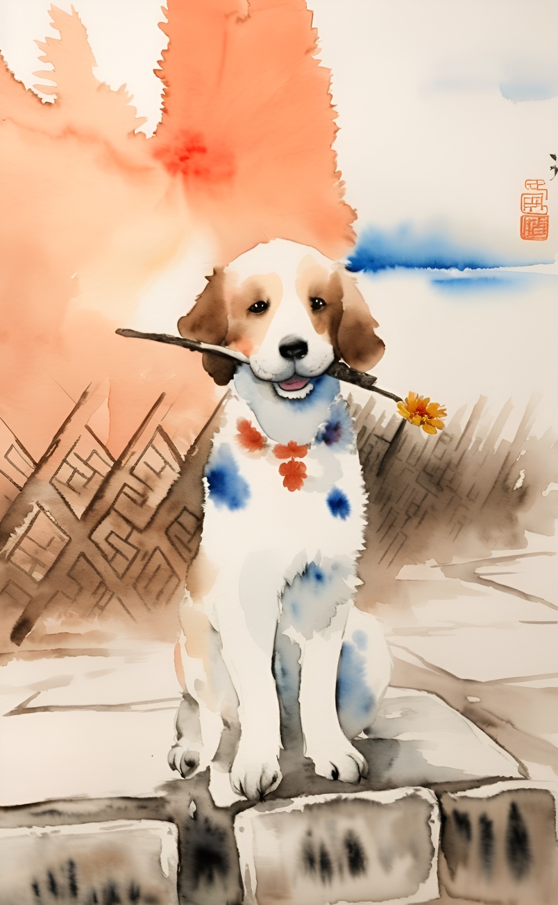 Chinese traditional painting of a dog, created from a reference photo by generative AI similar as MidJourney and ChatGPT