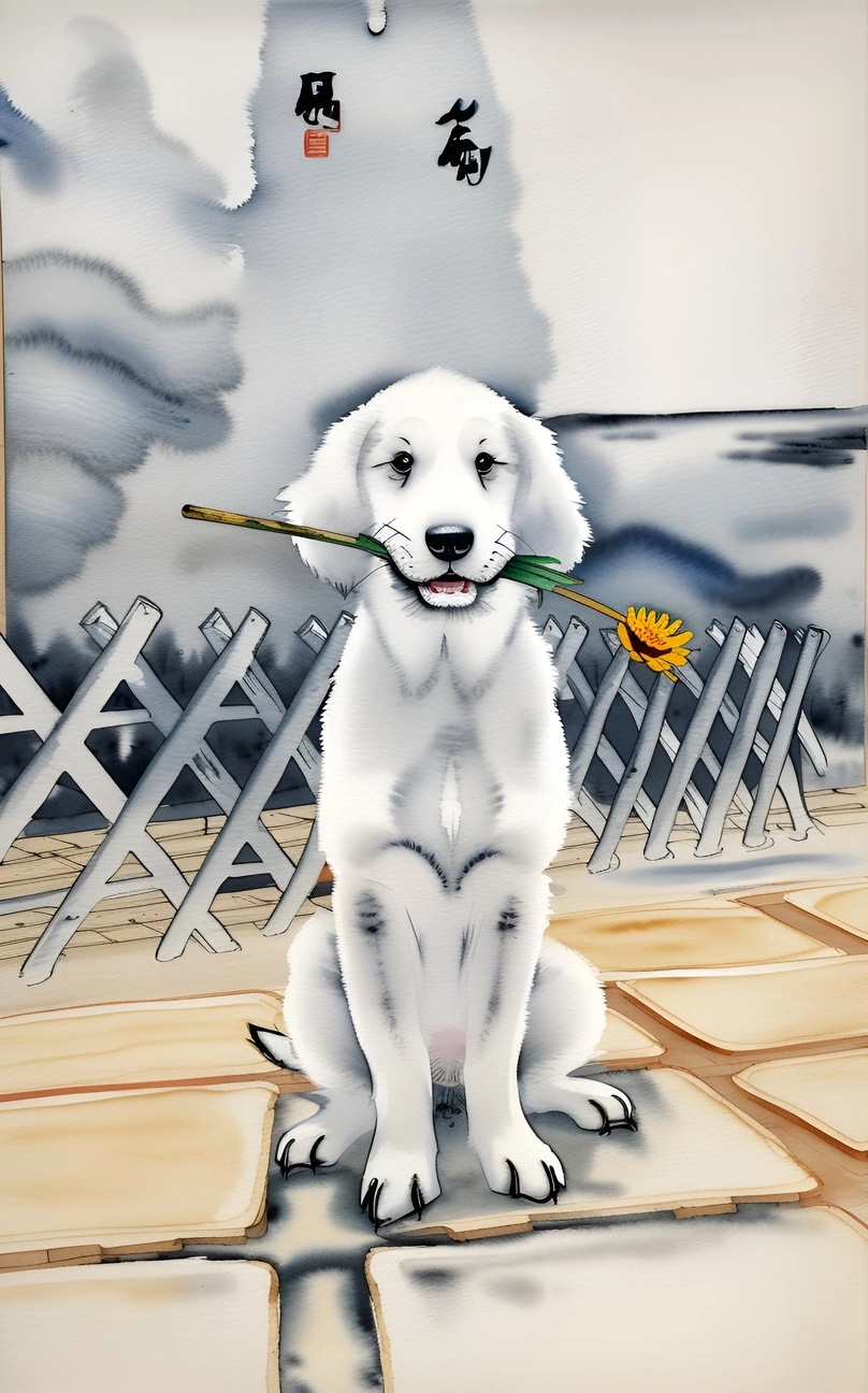 Chinese traditional painting of a dog, created from a reference photo by generative AI similar as MidJourney and ChatGPT