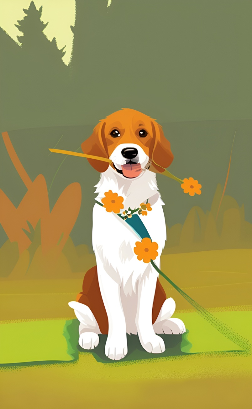 Illustration of a dog holding a bouquet of flower in its mouth, created from a reference photo by generative AI similar as MidJourney and ChatGPT